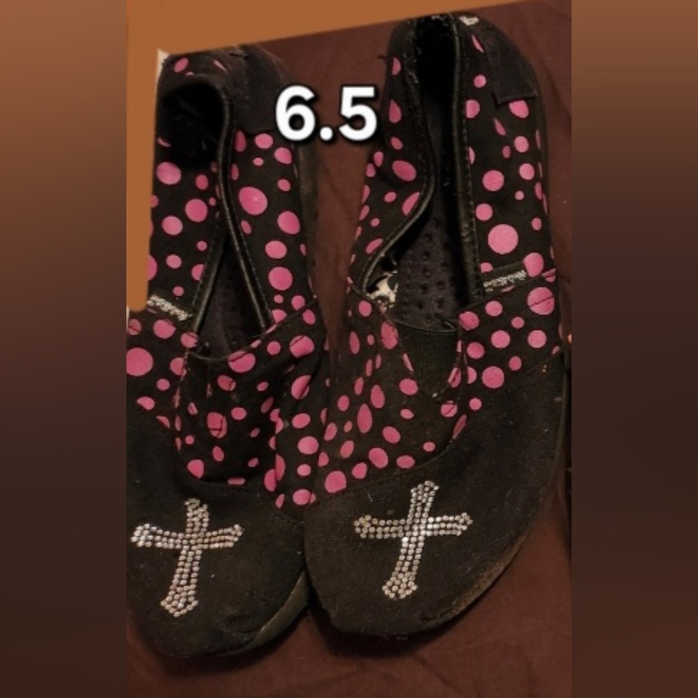 Black and Pink Polka Dot Flats with Rhinestone Cross